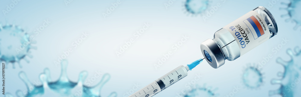 Russian COVID-19 Coronavirus Vaccine and Syringe Concept Image.